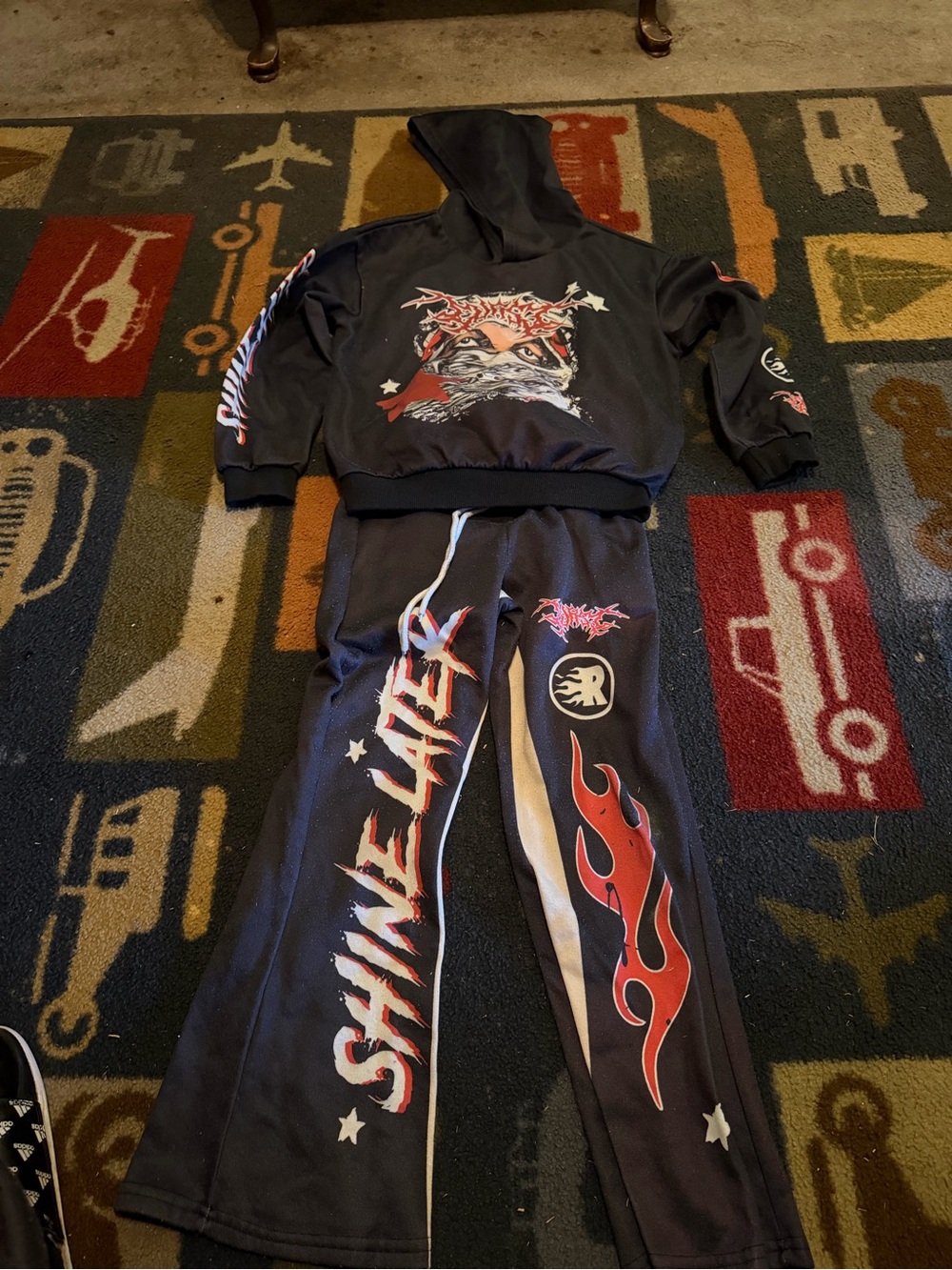 SHEIN Black Kids Hoodie & Jogger Pajama Set with Red Flame Graphics
